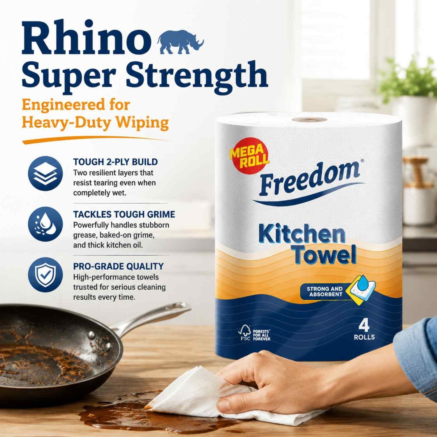 Rhino Jumbo Luxury Kitchen Towel Roll Strong & Absorbent 6 Roll | Set-of-3