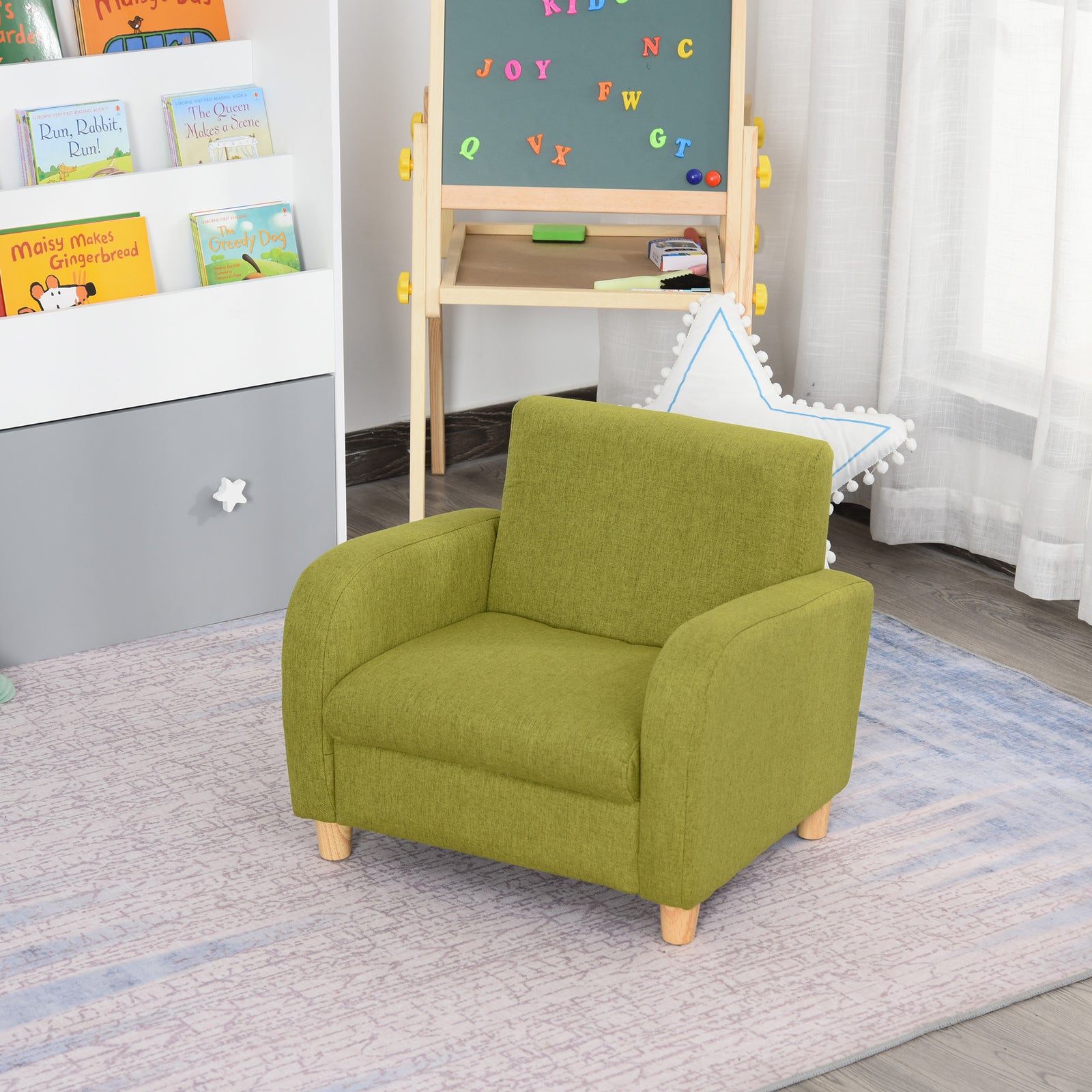 Child Armchair Wood Frame W/ Padding Seat Low-rise Bedroom | Green