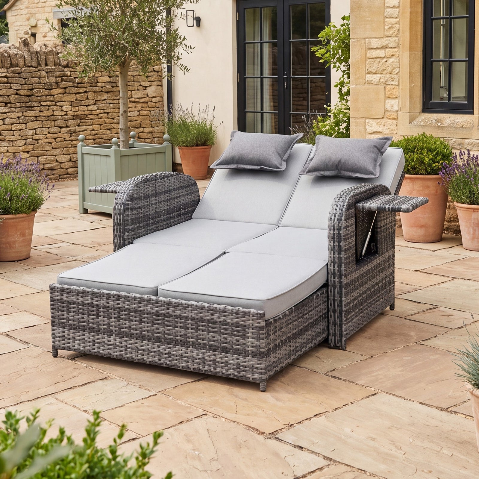 Whitmore Rattan Reclining Outdoor Sofa Bed With Side Shelves | Grey