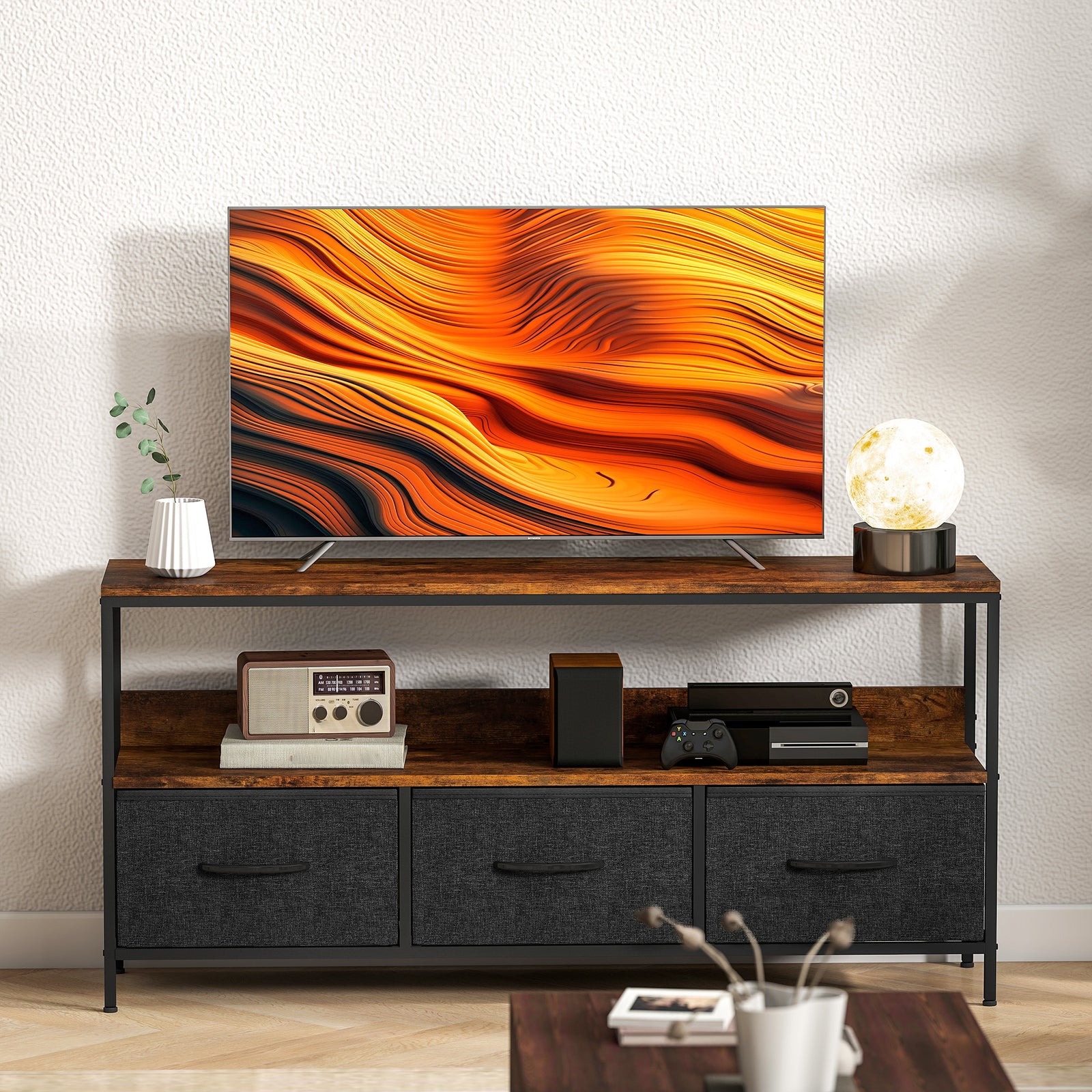 Tv Cabinet, Tv Console Unit With 3 Foldable Linen Drawers | Brown