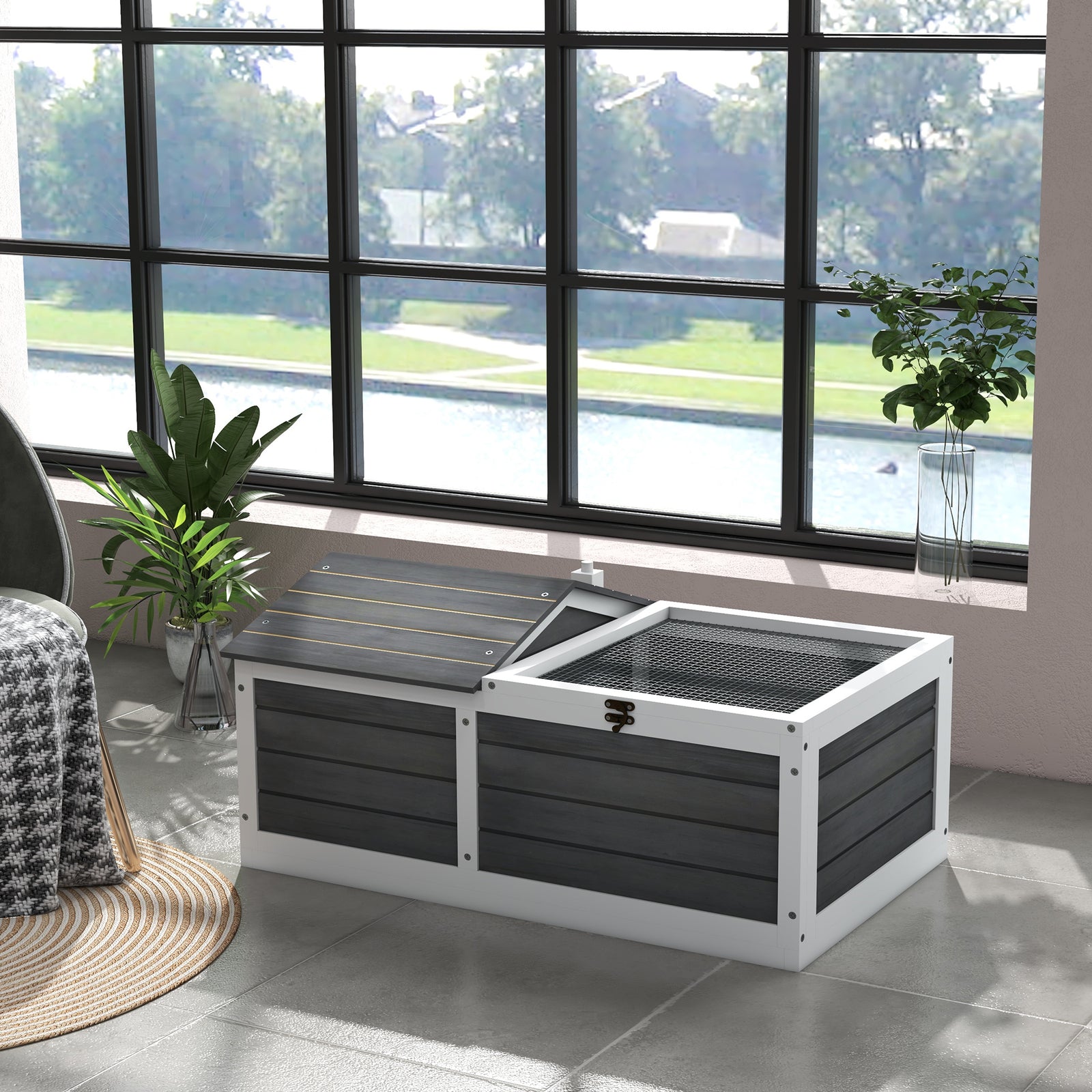 Wooden Tortoise House, Small Pet Reptile With Hide Shelter Den And Run | Dark Gray