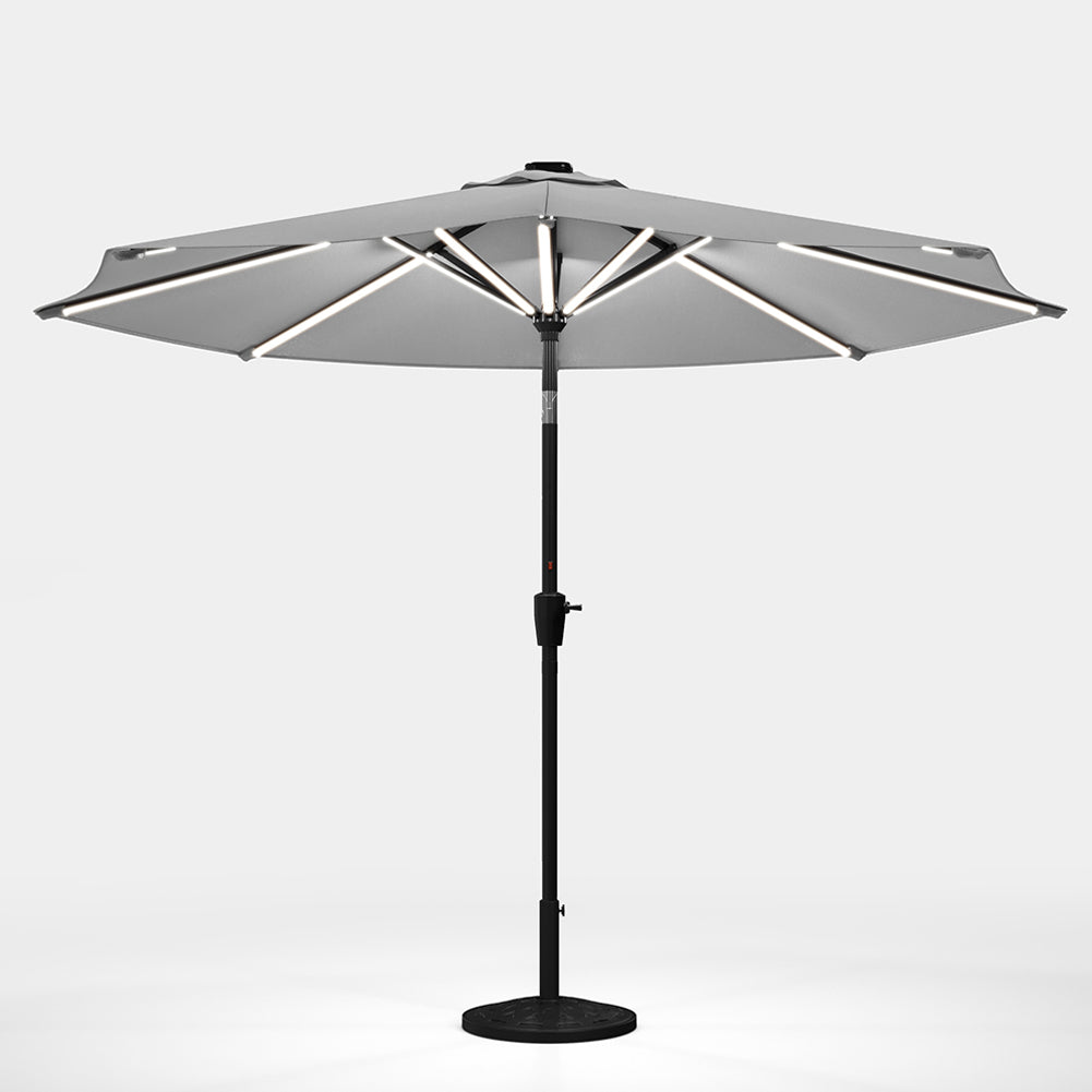 3m Solar Led Patio Umbrella, Outdoor Parasol With 16 Led Tubes, Crank Lift & Push Button Tilt With Resin Base | One Size | Light Grey