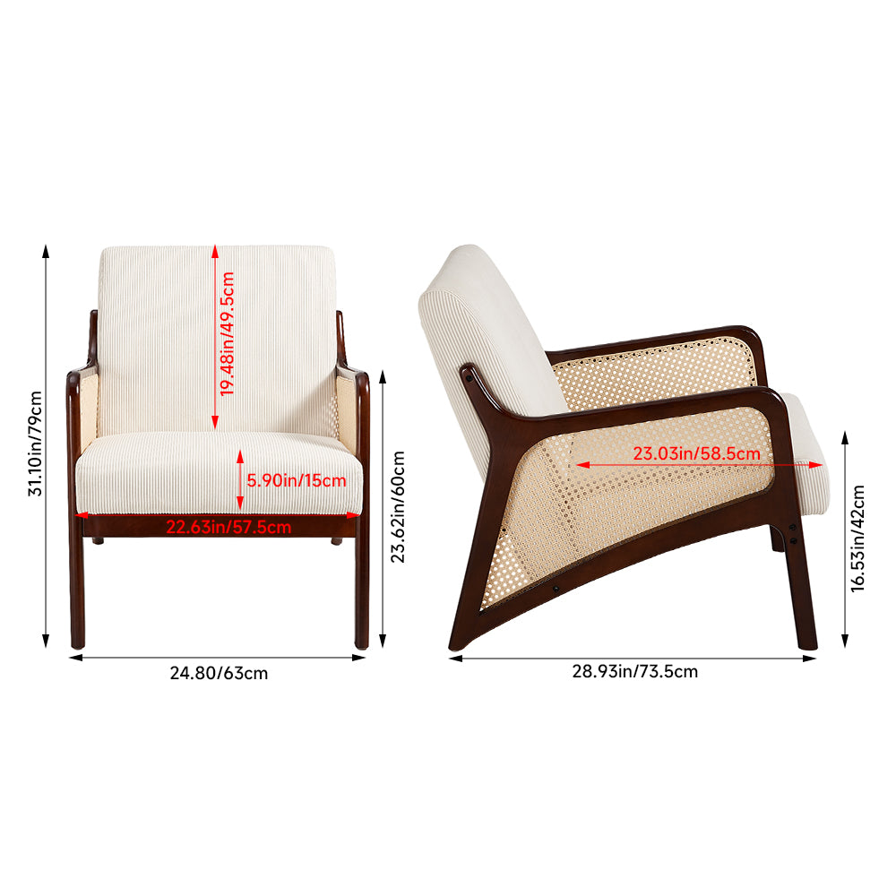 Corduroy Armchair With Rattan-weave Side Panels – Accent Chair With Rubberwood Legs | Beige