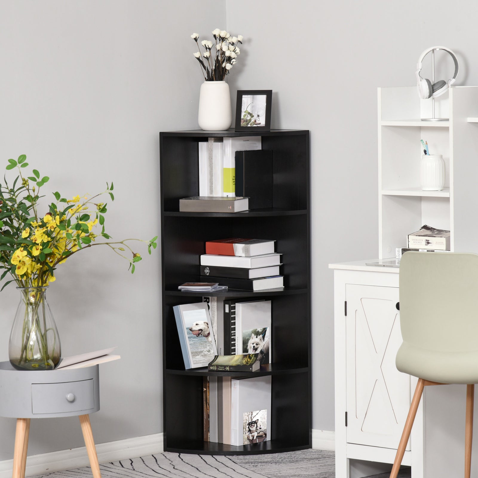 4 Tier Wood Corner Shelf  Unit Freestanding Fan Bookshelf | One Size | Black