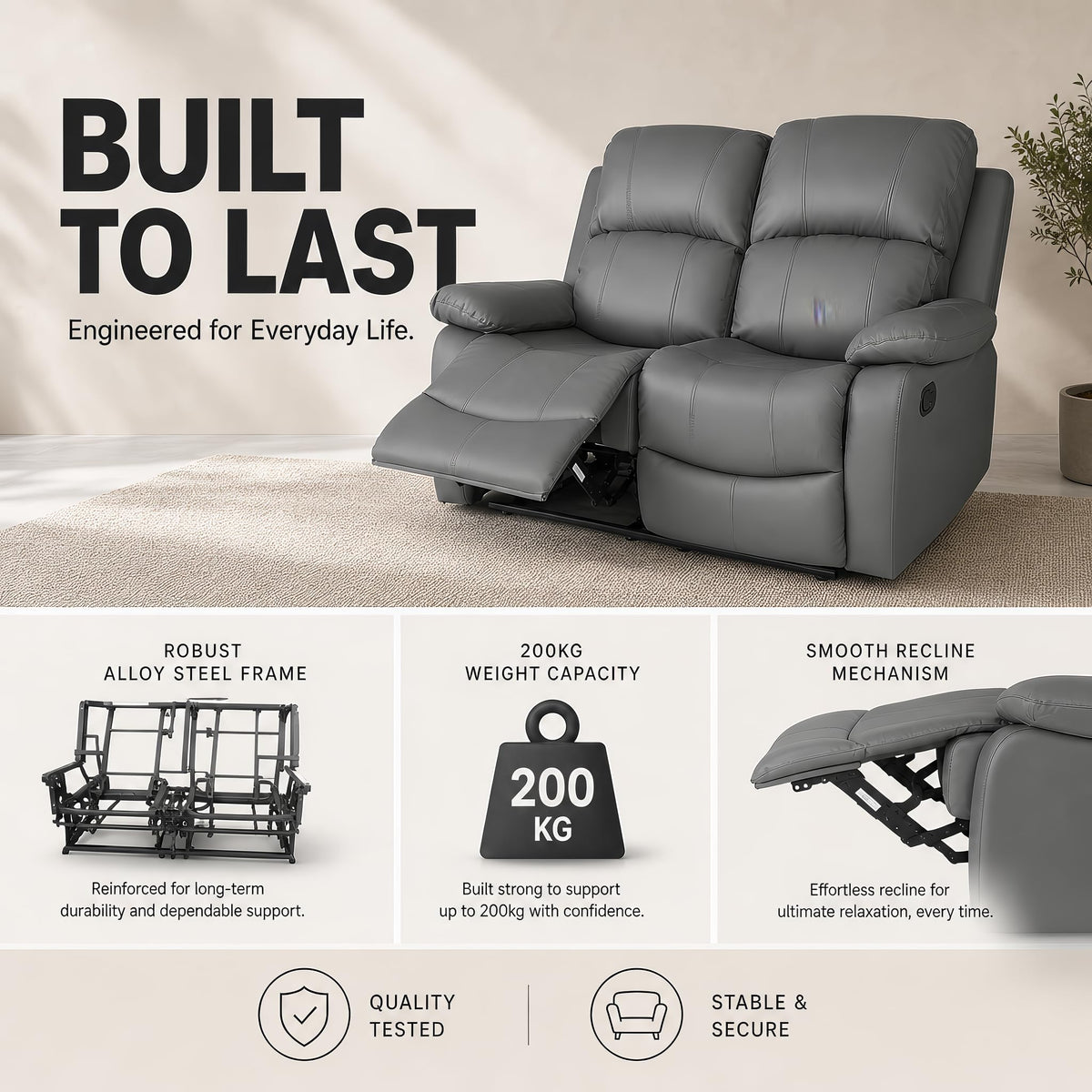 Manual Recliner Sofa 2 Seater Faux Leather | Grey