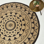 Natural & Black Mandala Braided Jute Rug Round | 120cm | Black