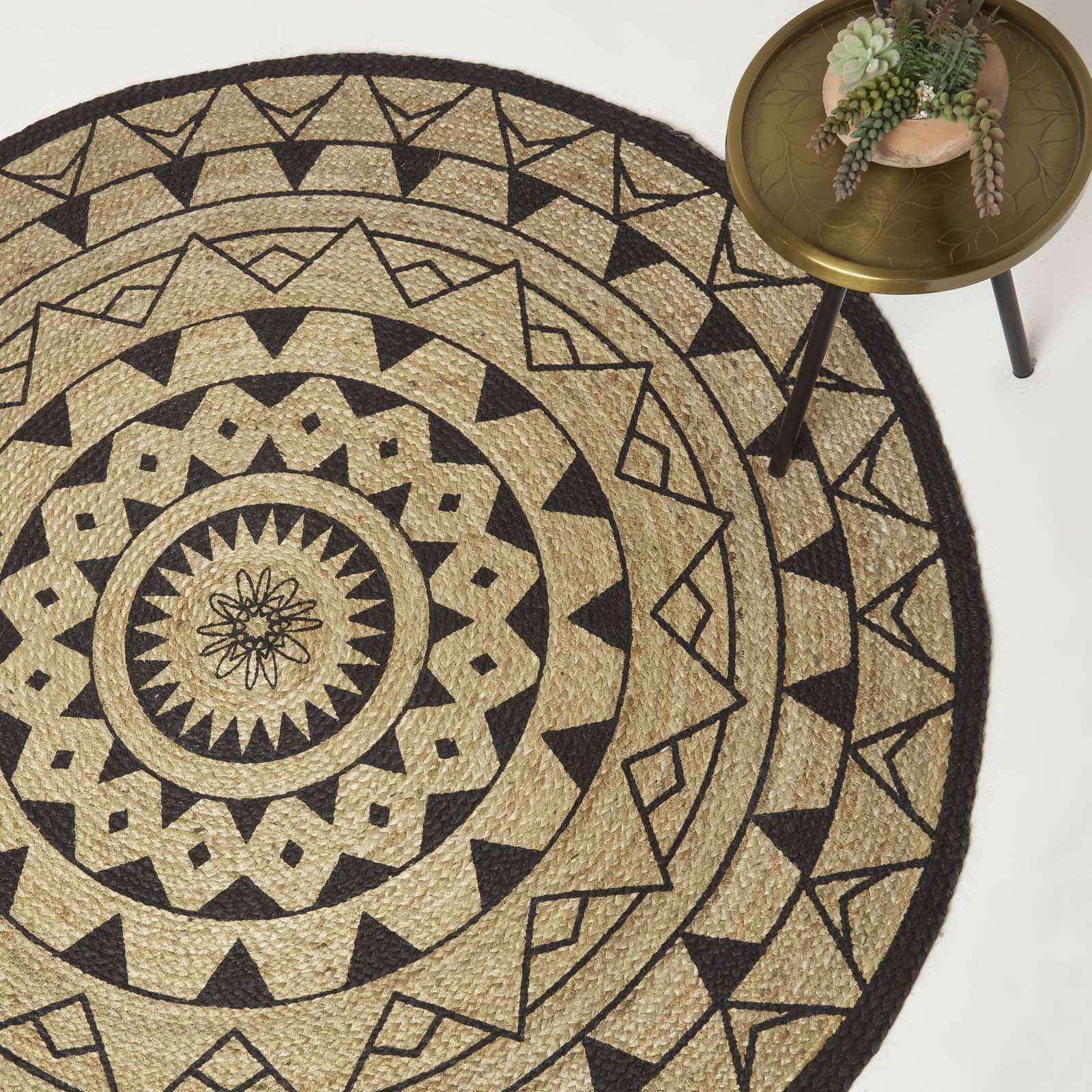 Natural & Black Mandala Braided Jute Rug Round | 90cm | Black