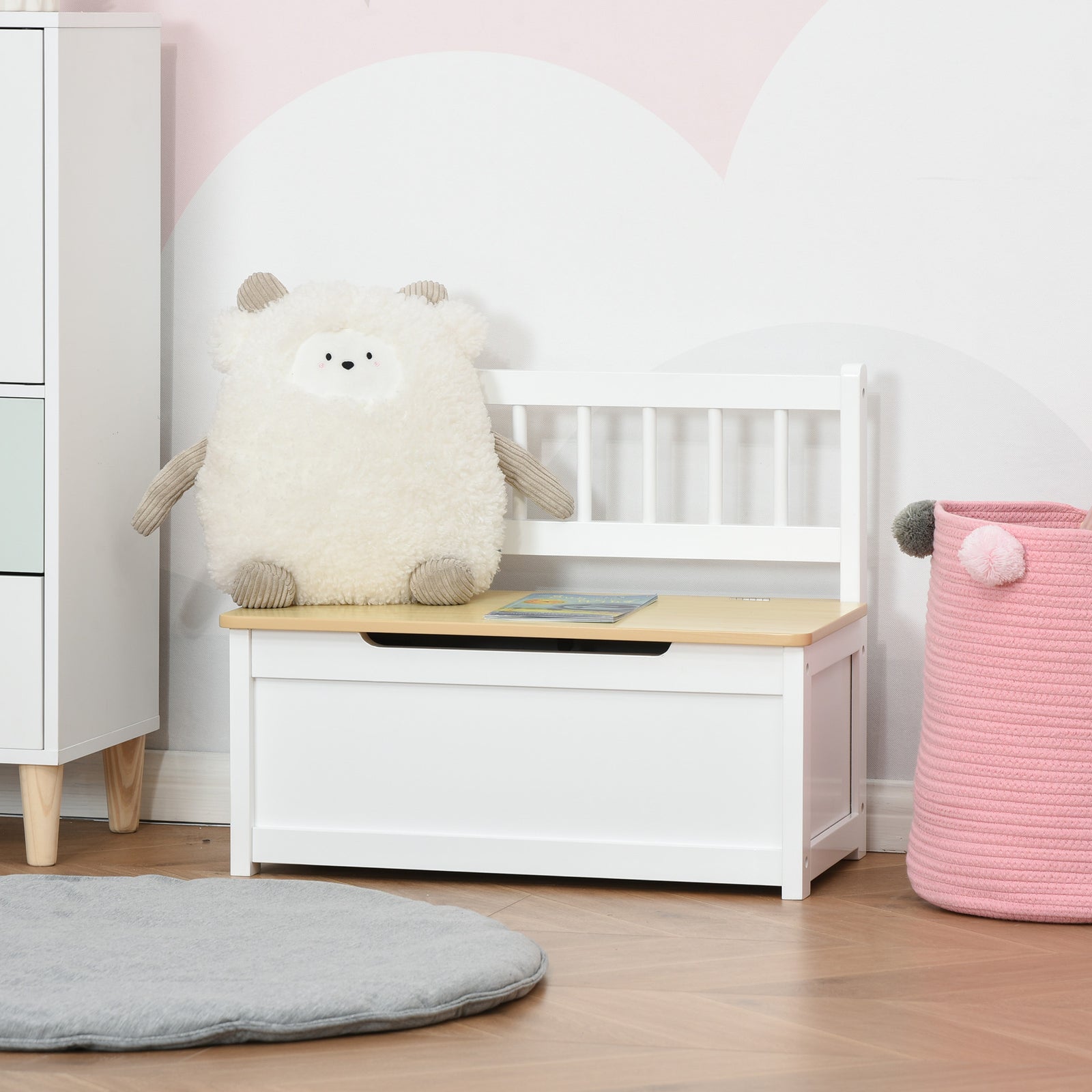 2 In 1 Wooden Toy Box, Seat Bench Storage Chest W/ Pneumatic Rod | White