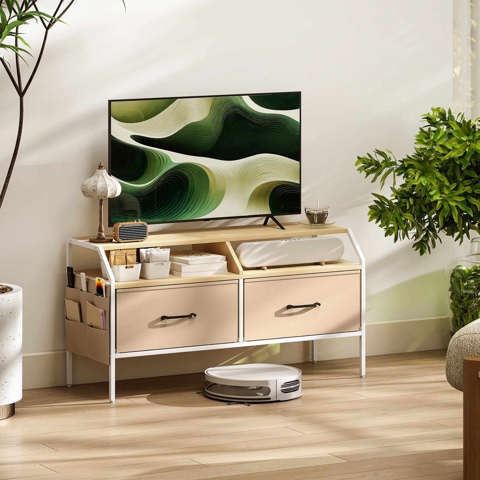 Tv Stand Cabinet With 2 Foldable Drawers | Natural