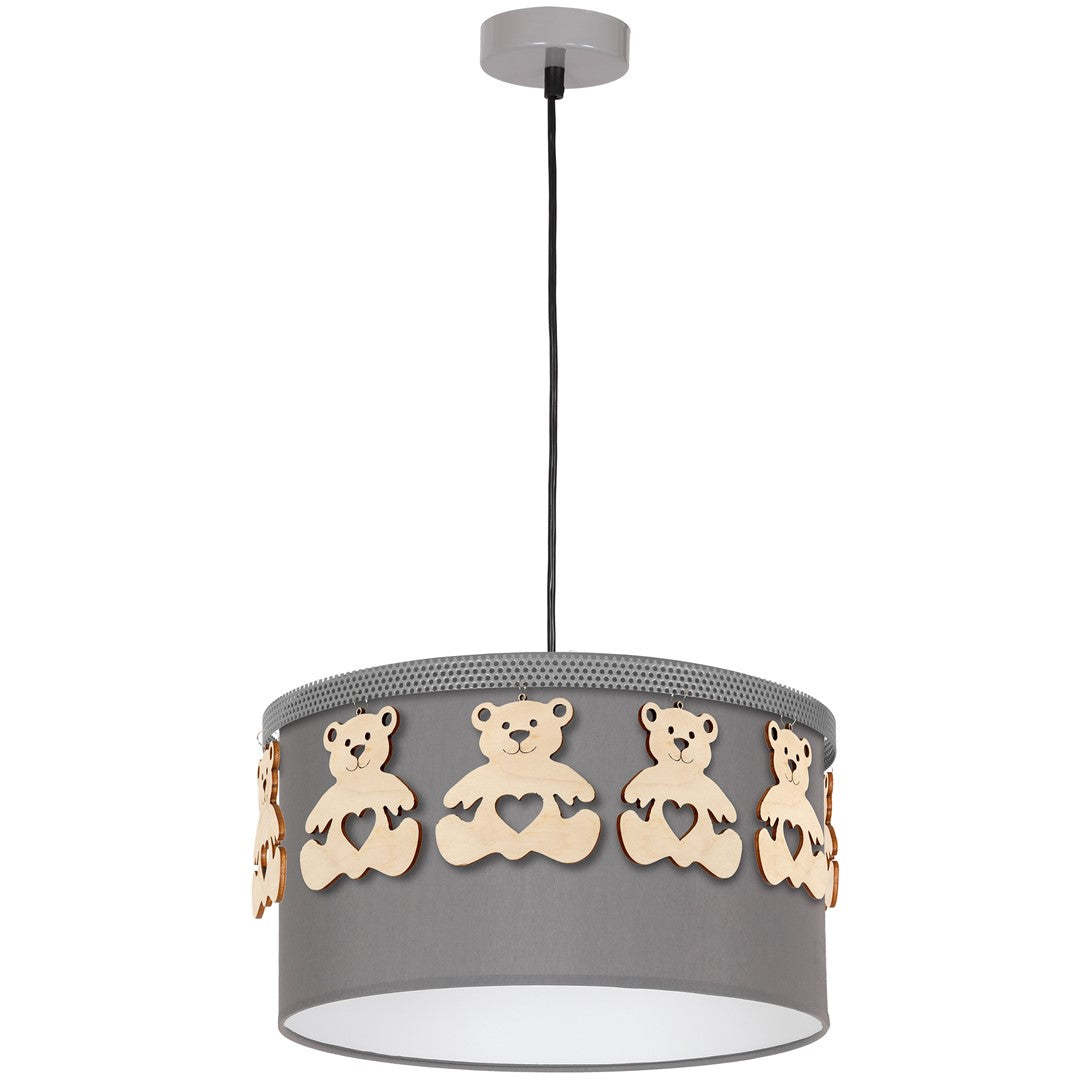 Mis Grey Pendant Lamp 1xe27 Beautifully Hand Made From Contemporary Grey Fabric With Natural Wooden Teddybears