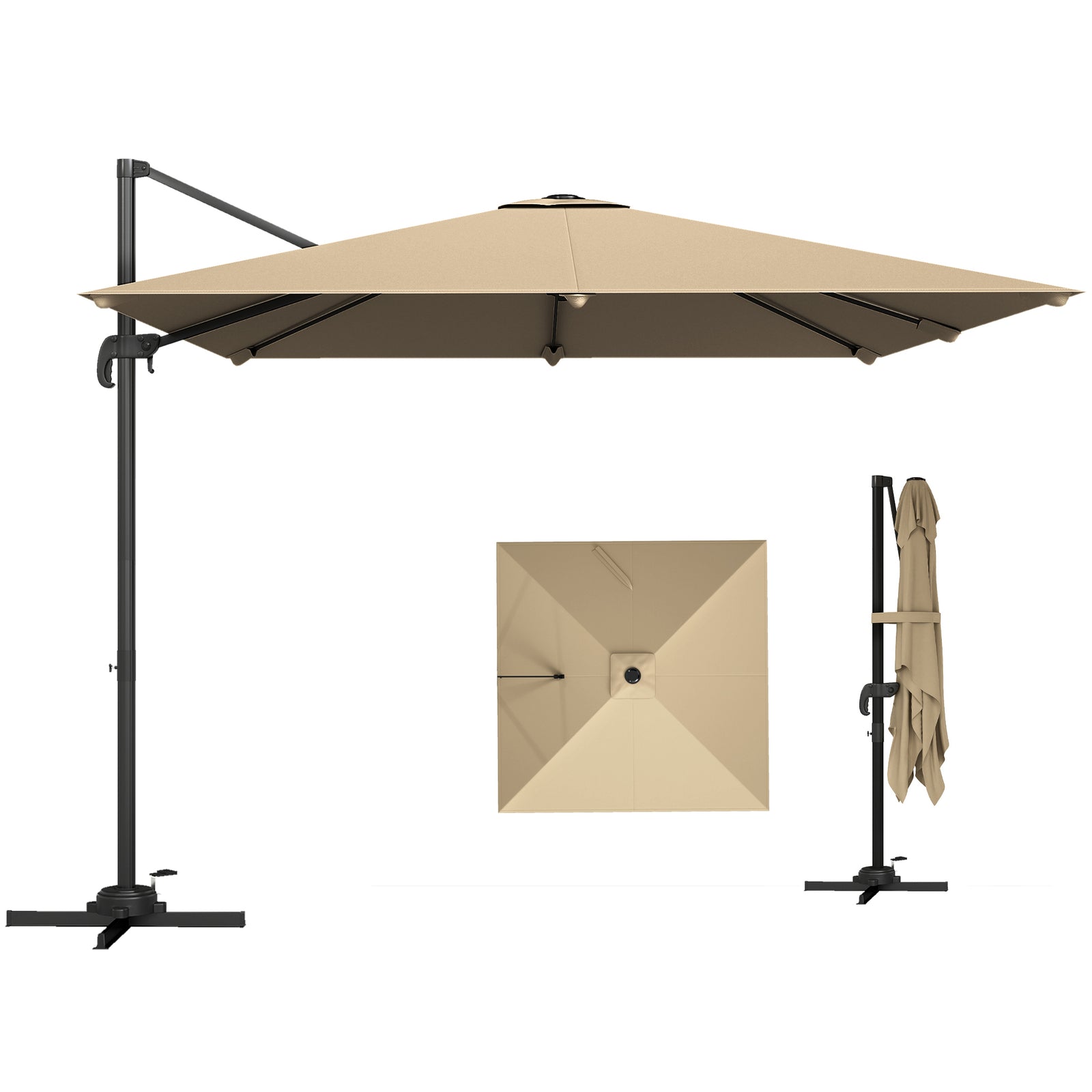 3 X 3 M Cantilever Parasol, Square Patio Umbrella With Crank Handle | Khaki