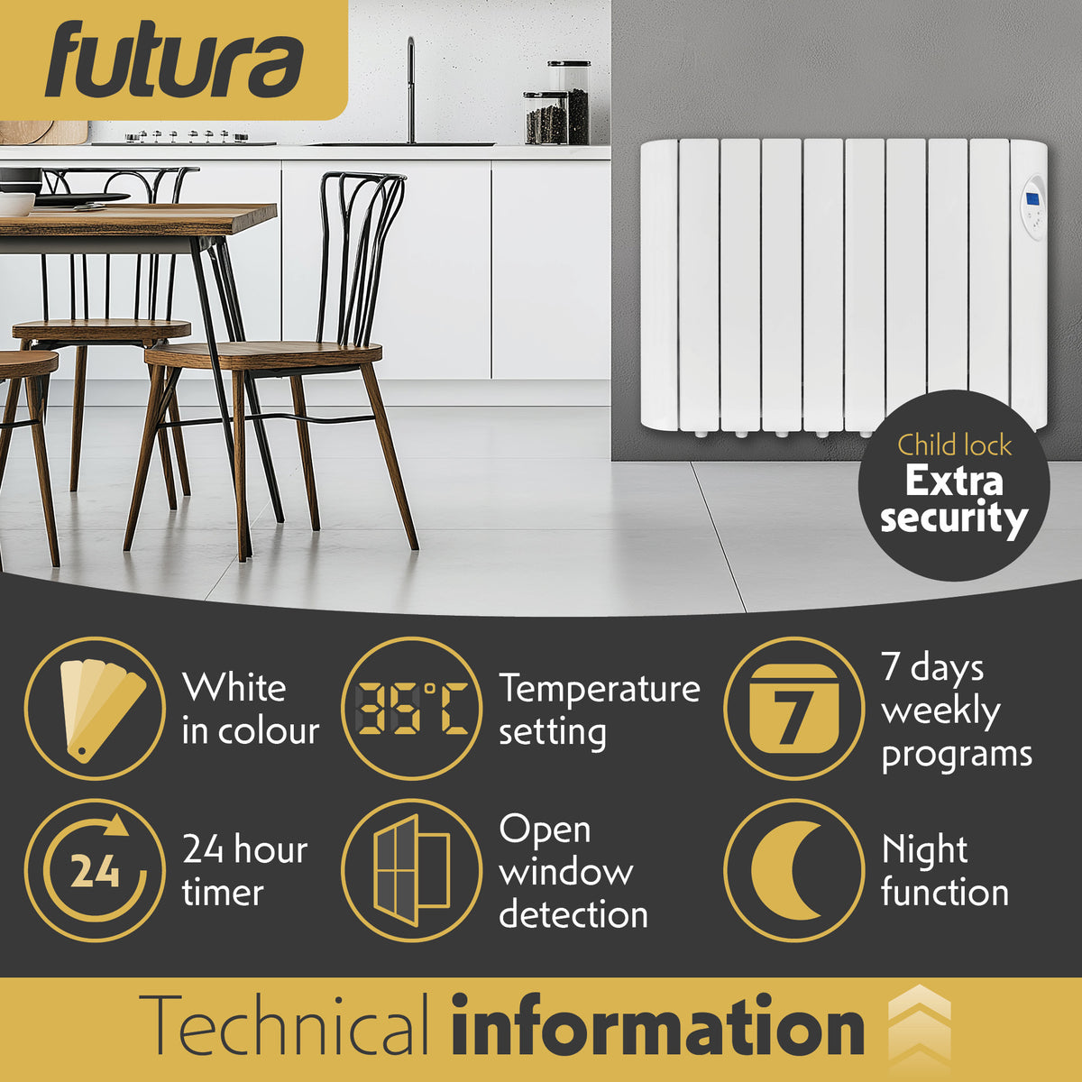 Electric Panel Heater Oil Filled Radiator Day Timer Wall Mounted Low Energy Retention Digital Thermostat Convector | 1500w | White