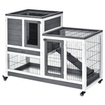 Wooden Indoor Rabbit Hutch Elevated Bunny Cage With Enclosed Run W/ Wheel | Gray