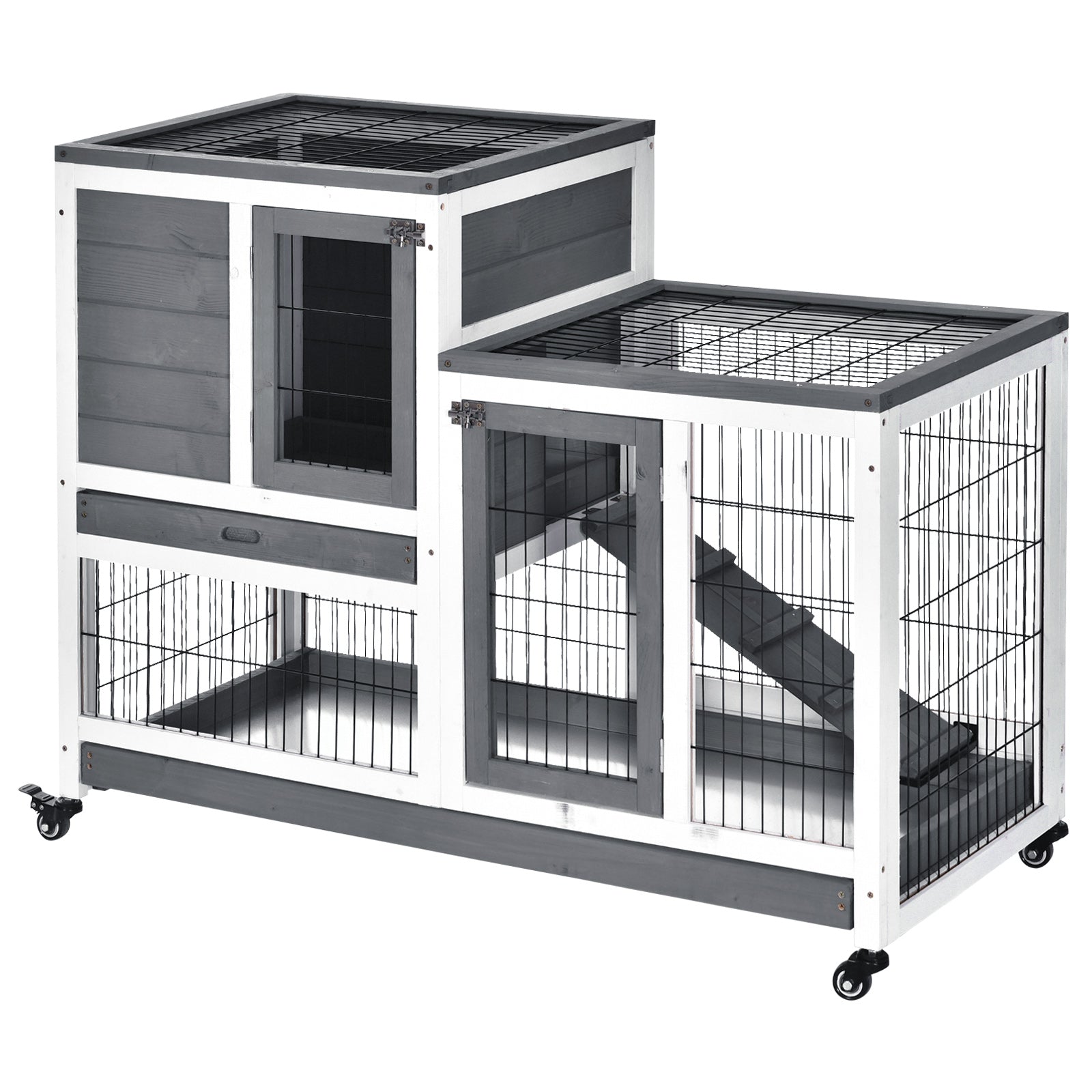 Wooden Indoor Rabbit Hutch Elevated Bunny Cage With Enclosed Run W/ Wheel | Gray