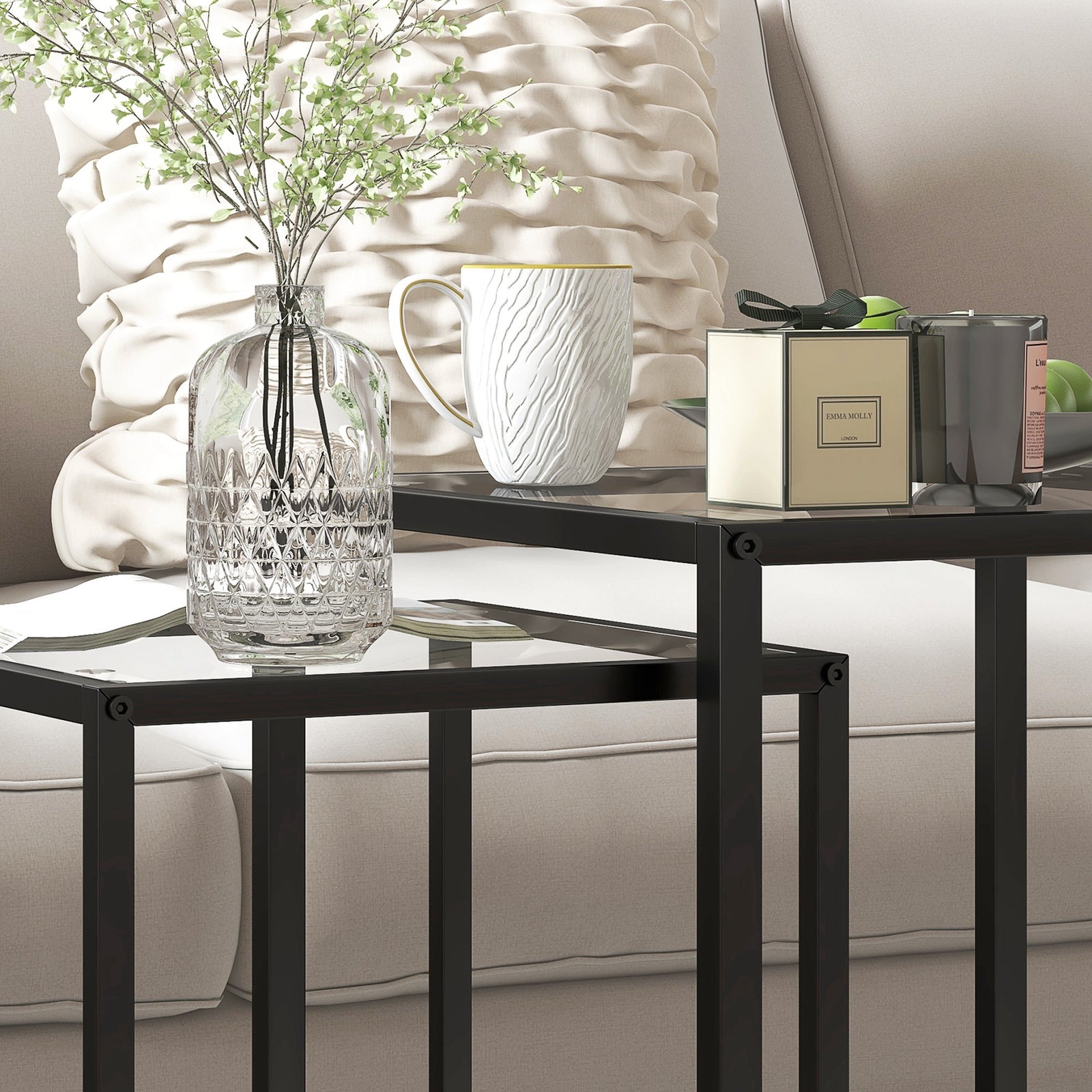 HOMCOM Nesting Tables Set Of 2, End Table With Tempered Glass Top, Black