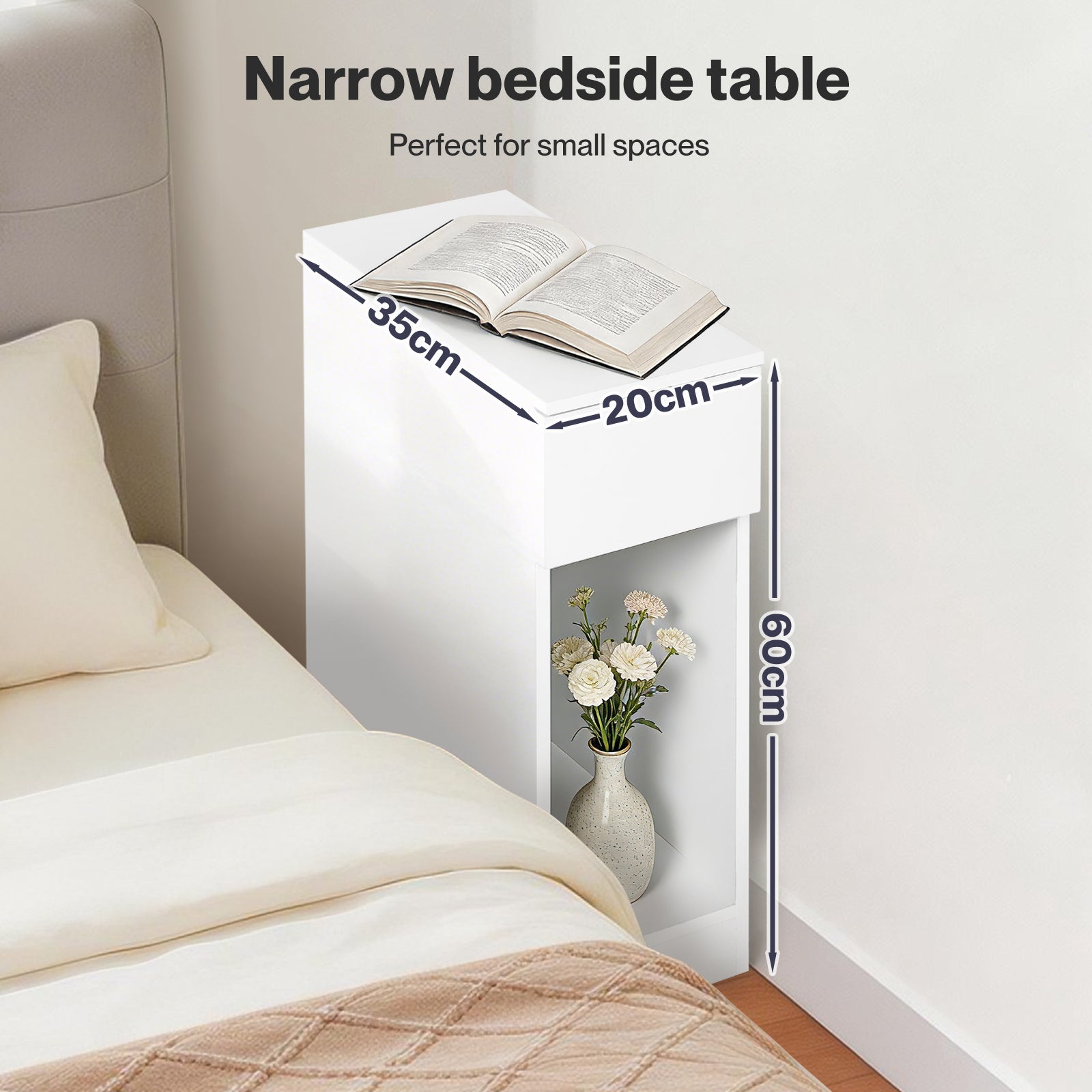 Bedside Table Cabinet  Narrow Slim Side Cabinet White Drawer Open Shelf | White