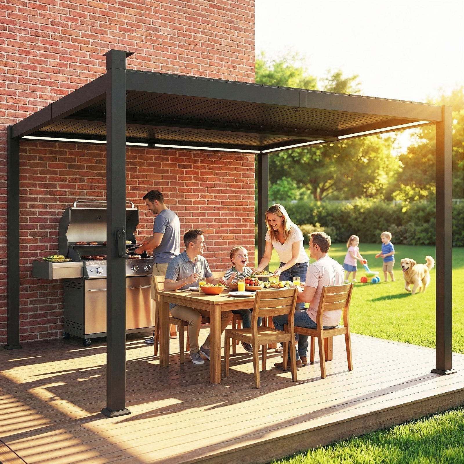Outsunny 3 X 3 M Louvered Pergola W/ Solar Led Lights, Patio Gazebo Pergola