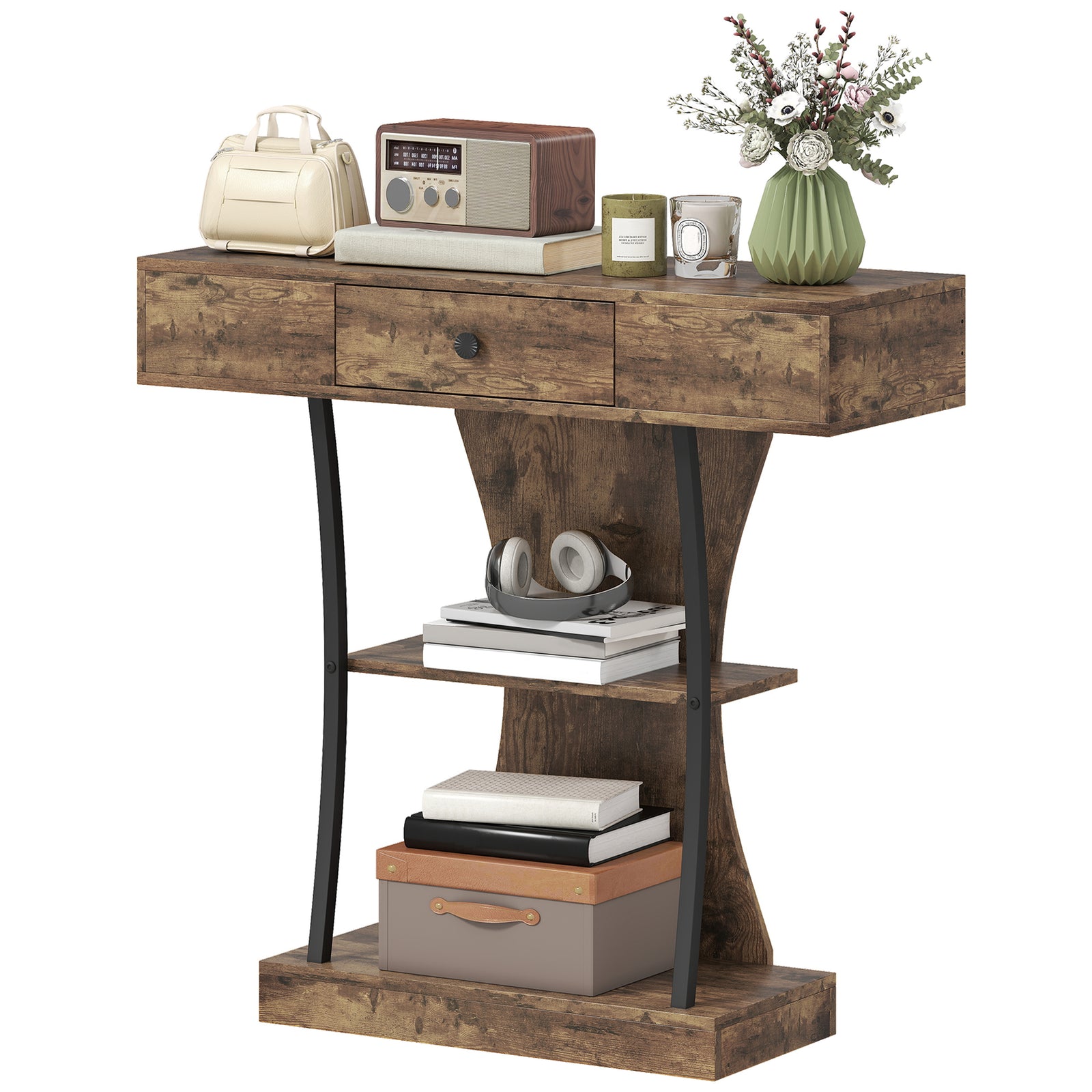 HOMCOM Console Table Hallway Table With Storage Shelves, Rustic Brown