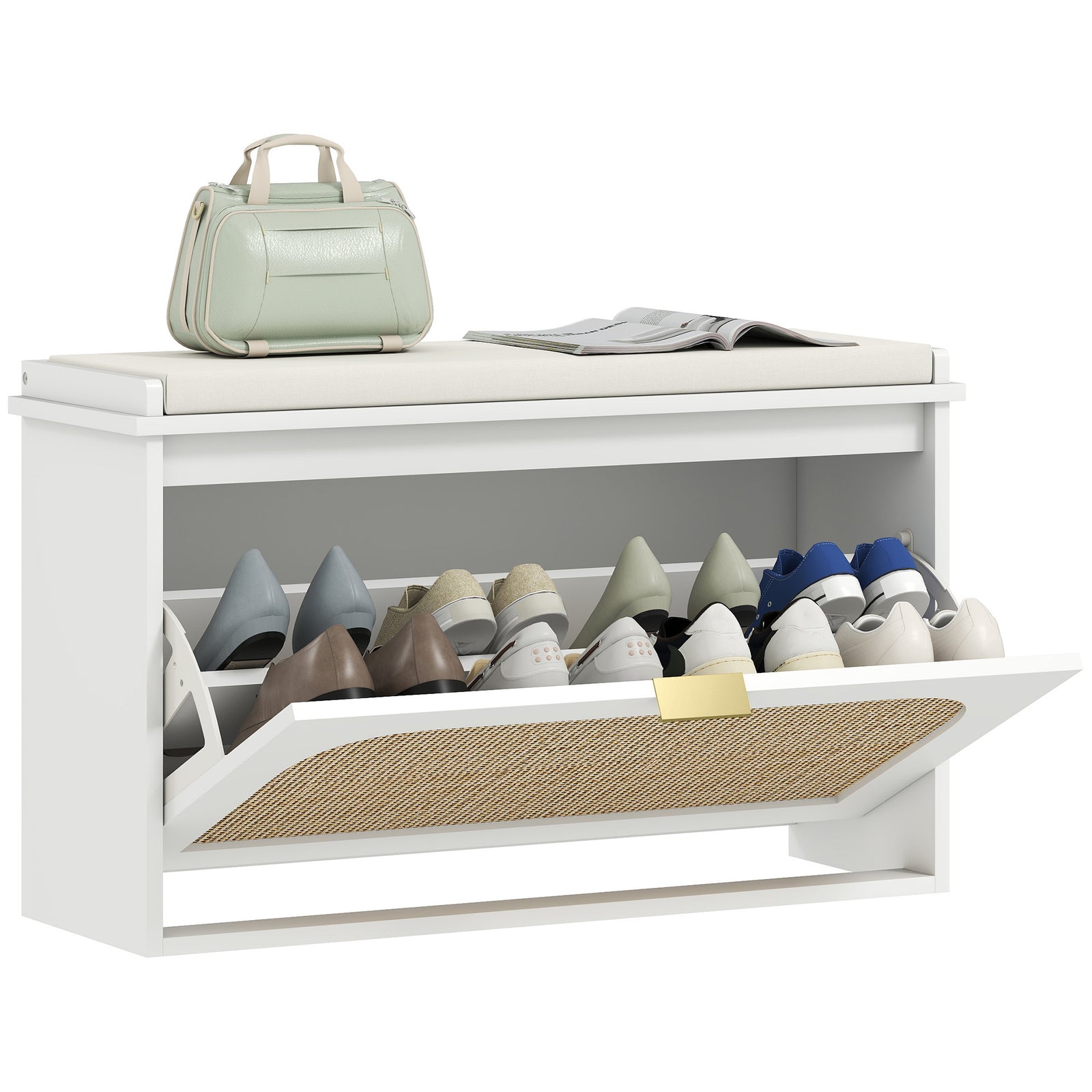 Boho Shoe Bench With Padded Seat And Flip-drawer | White