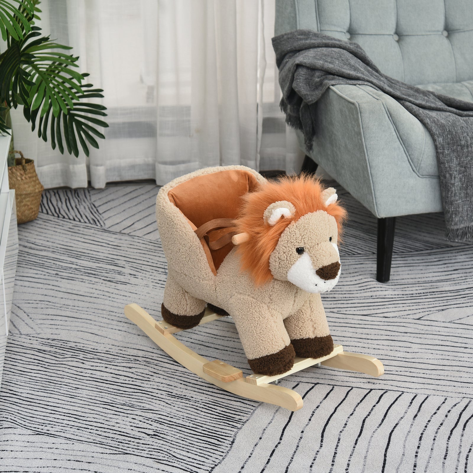Kids Rocking Lion Plush Ride On Seat W/ Sound Button Wood Base Seat Belt