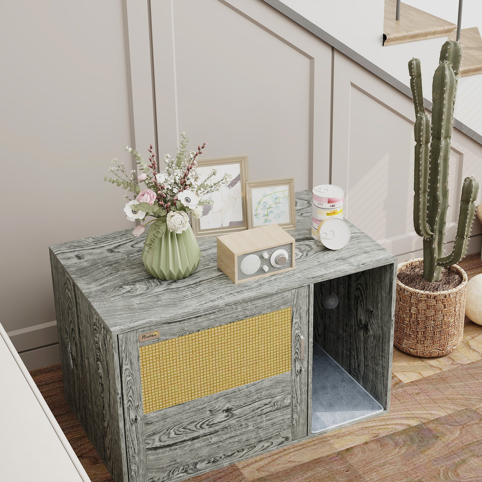 Boho Style Cat Litter Box Enclosure With Rattan Door, Scratching Mat, Toy Ball