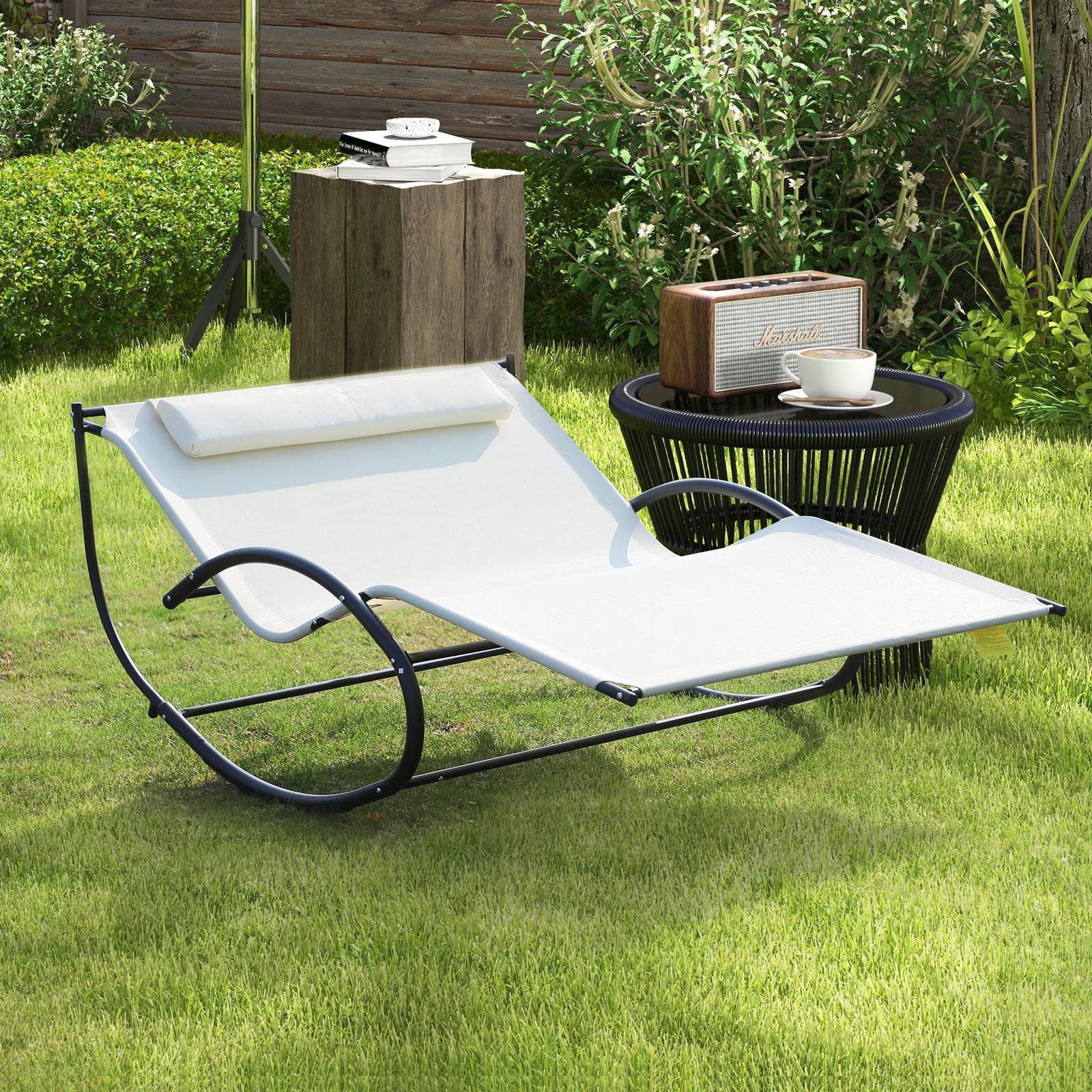 Double Rocking Sun Lounger  With Armrest And Headrest Pillow | Beige