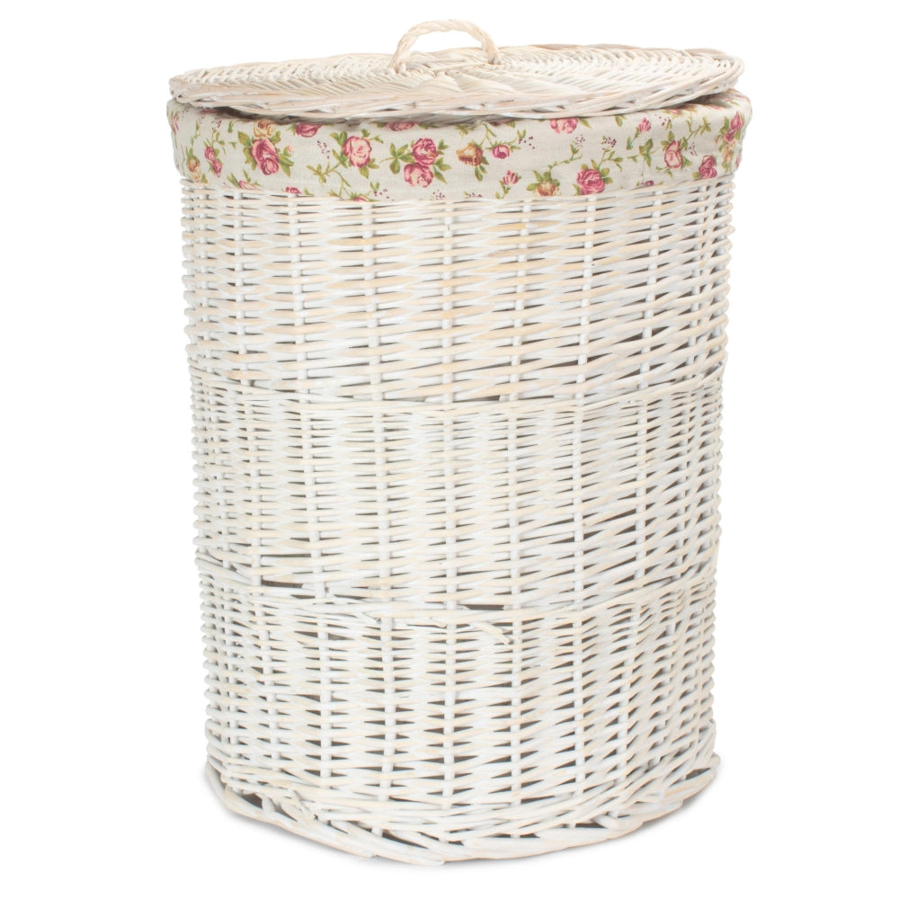 Round White Wash Laundry Hamper With Garden Rose Lining | Small | Pink