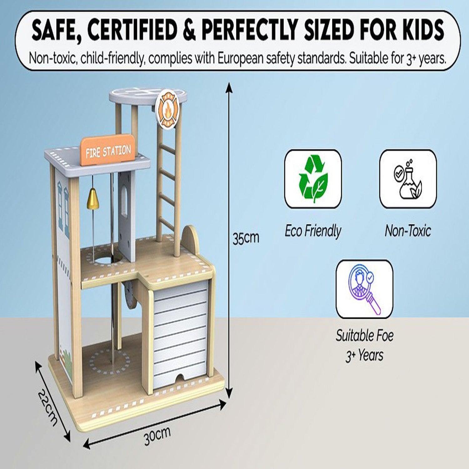 HYGRAD BUILT TO SURVIVE Kids Fire Station Wooden Dollhouse – 3-tier Pretend Play Toy Playse