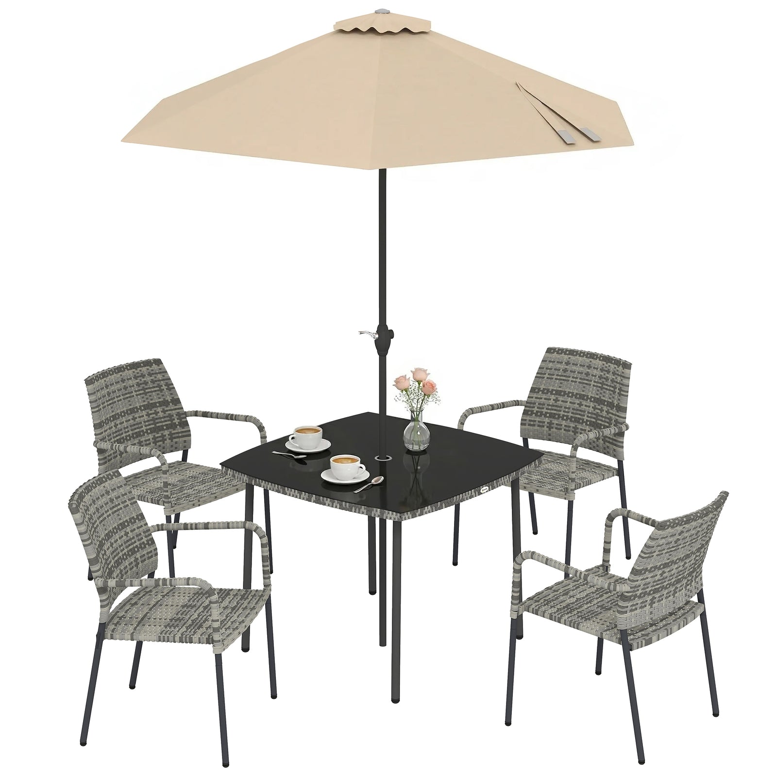 4 Seater Rattan Dining Set With Parasol | Grey