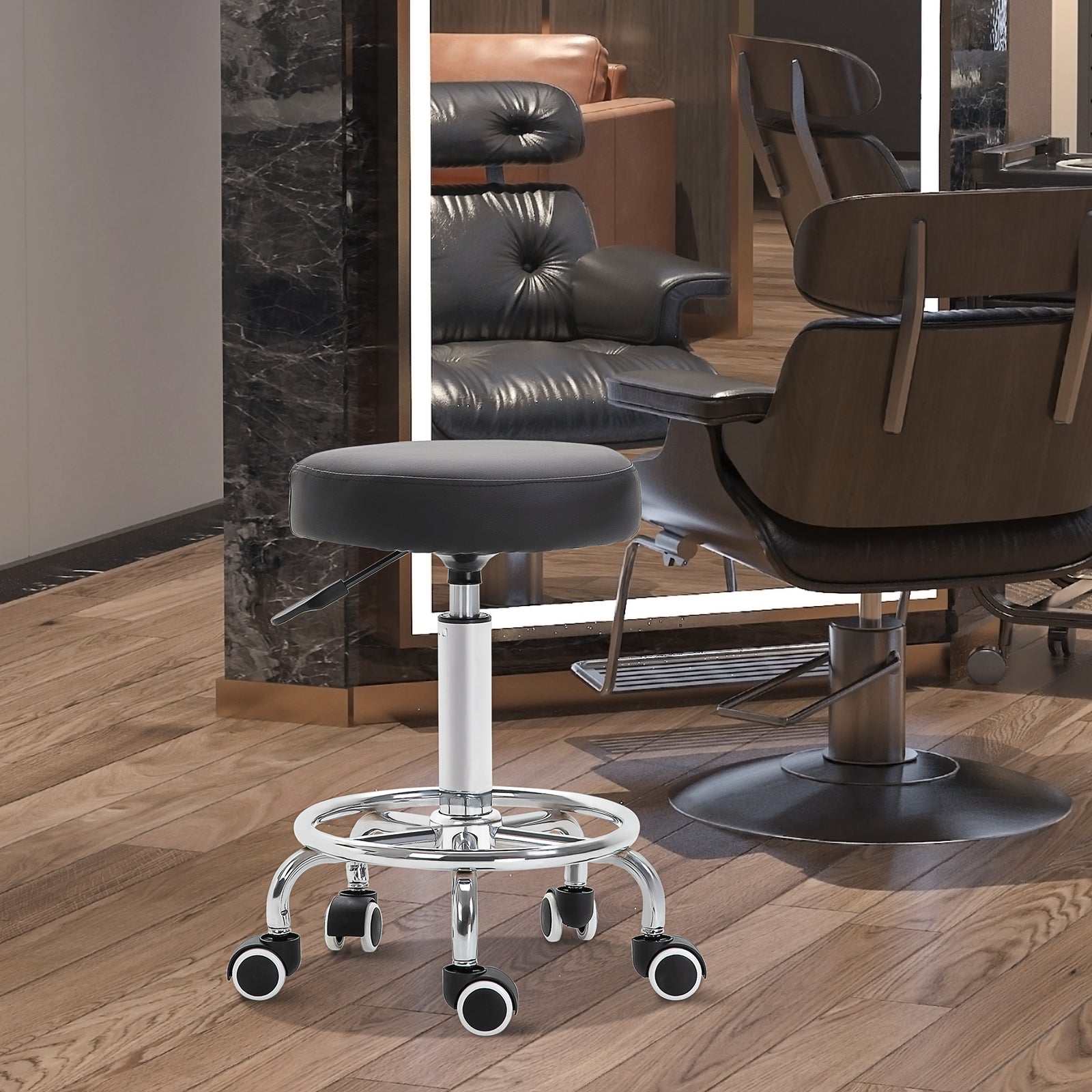 Round Pu Leather Salon Beautician Stool Adjustable Height | One Size | Black