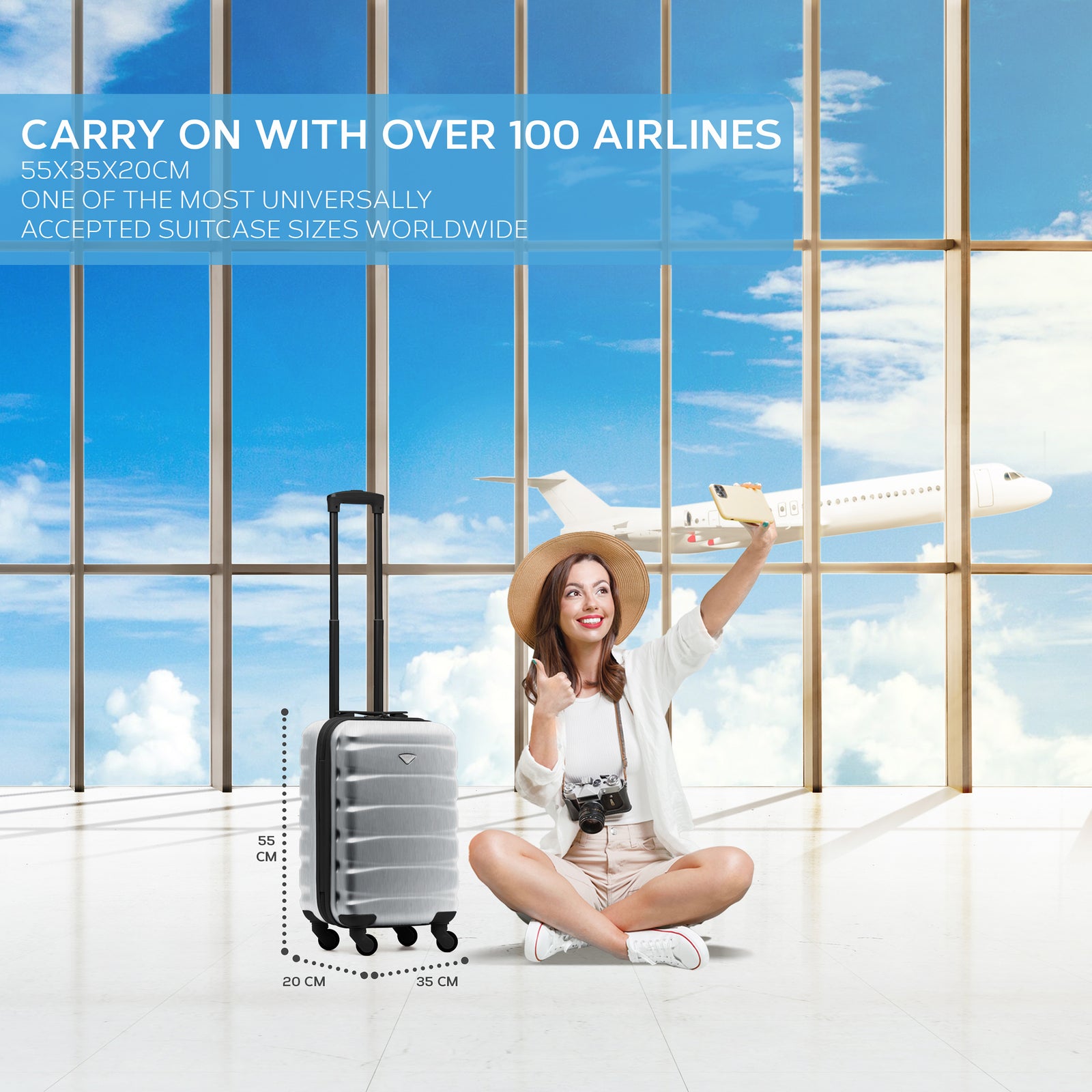 55x35x20cm Cabin Carry On Suitcase Hard Shell Overhead Luggage 100+ Airlines Approved | Cabin | Metallic