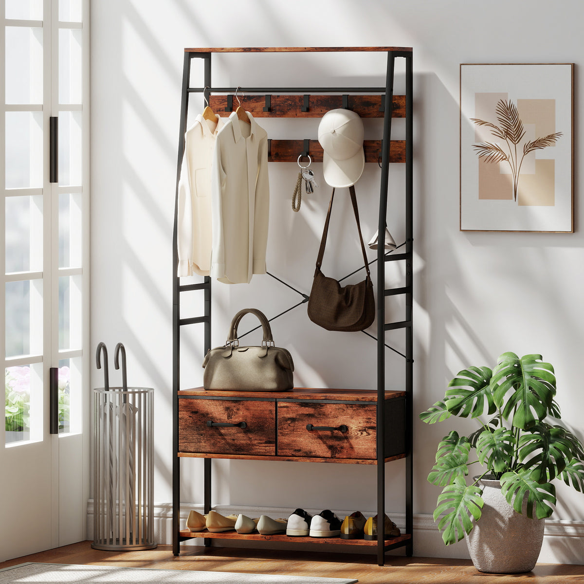 HOMCOM Coat Rack With Shoe Storage, Bench And 10 Hooks