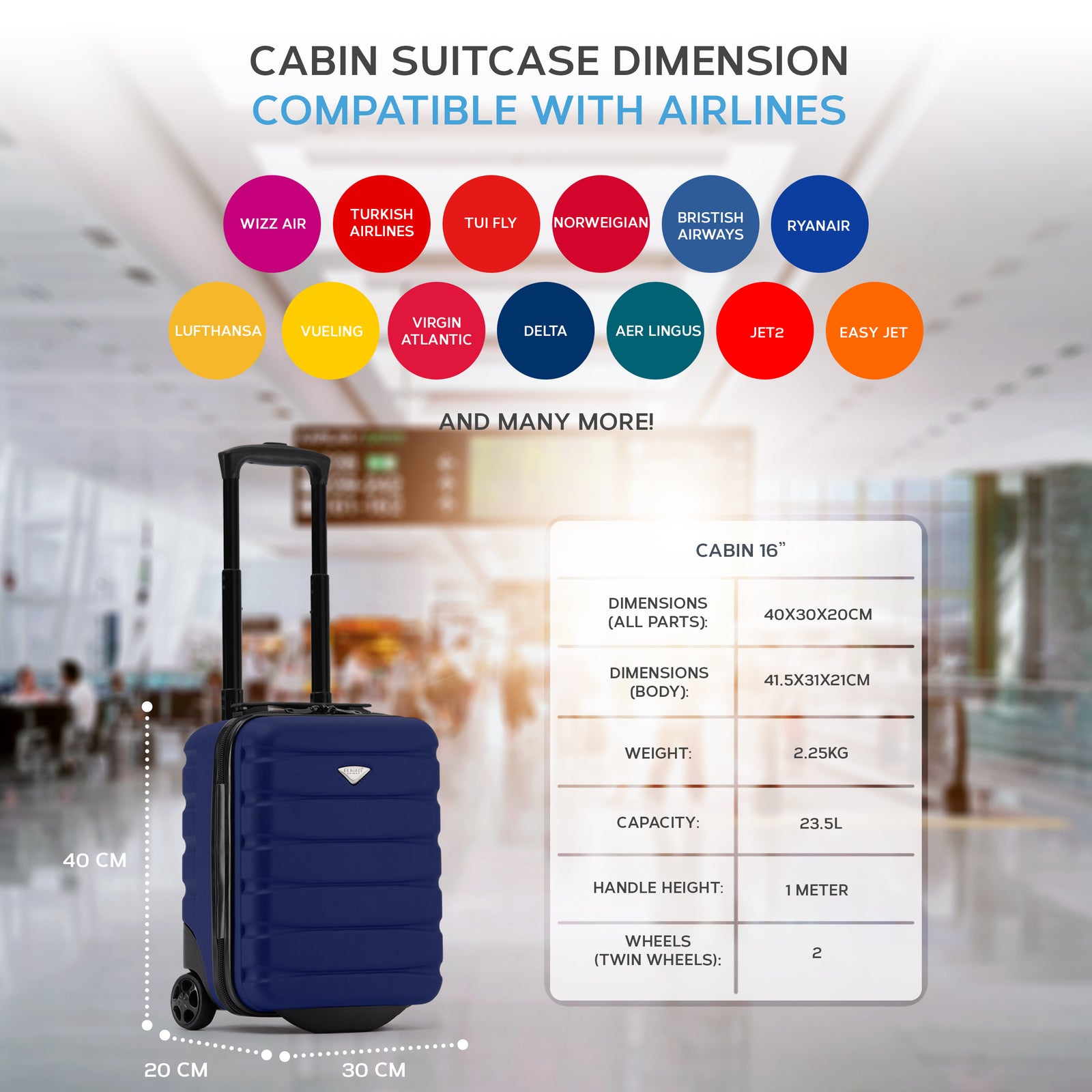 45x36x20cm Cabin Carry On Luggage with Medium Case and Large Size Check-in Hold Suitcase | Cabin | Navy Blue
