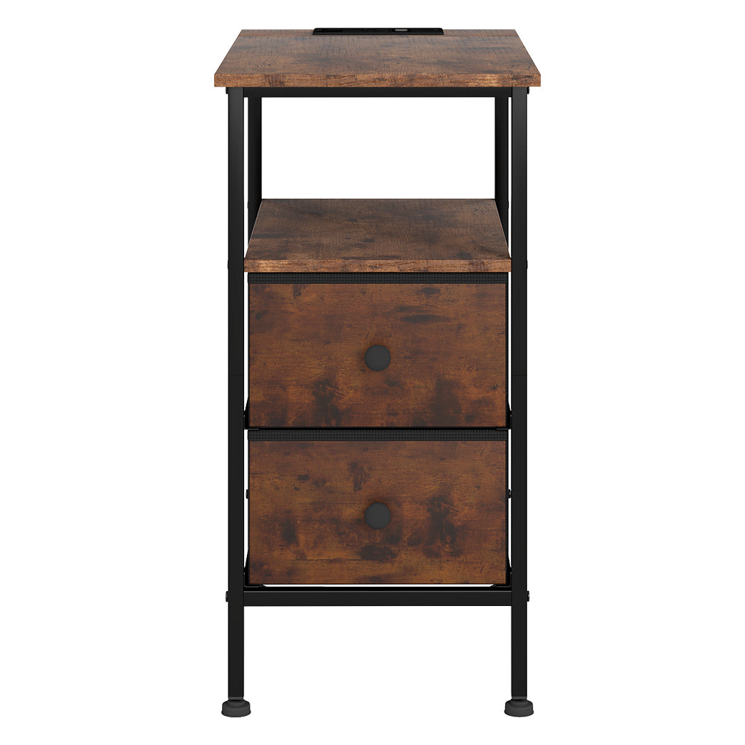 Bedside Table Side Cabinet Storage Nightstand Charging Station 2 Drawers | Brown