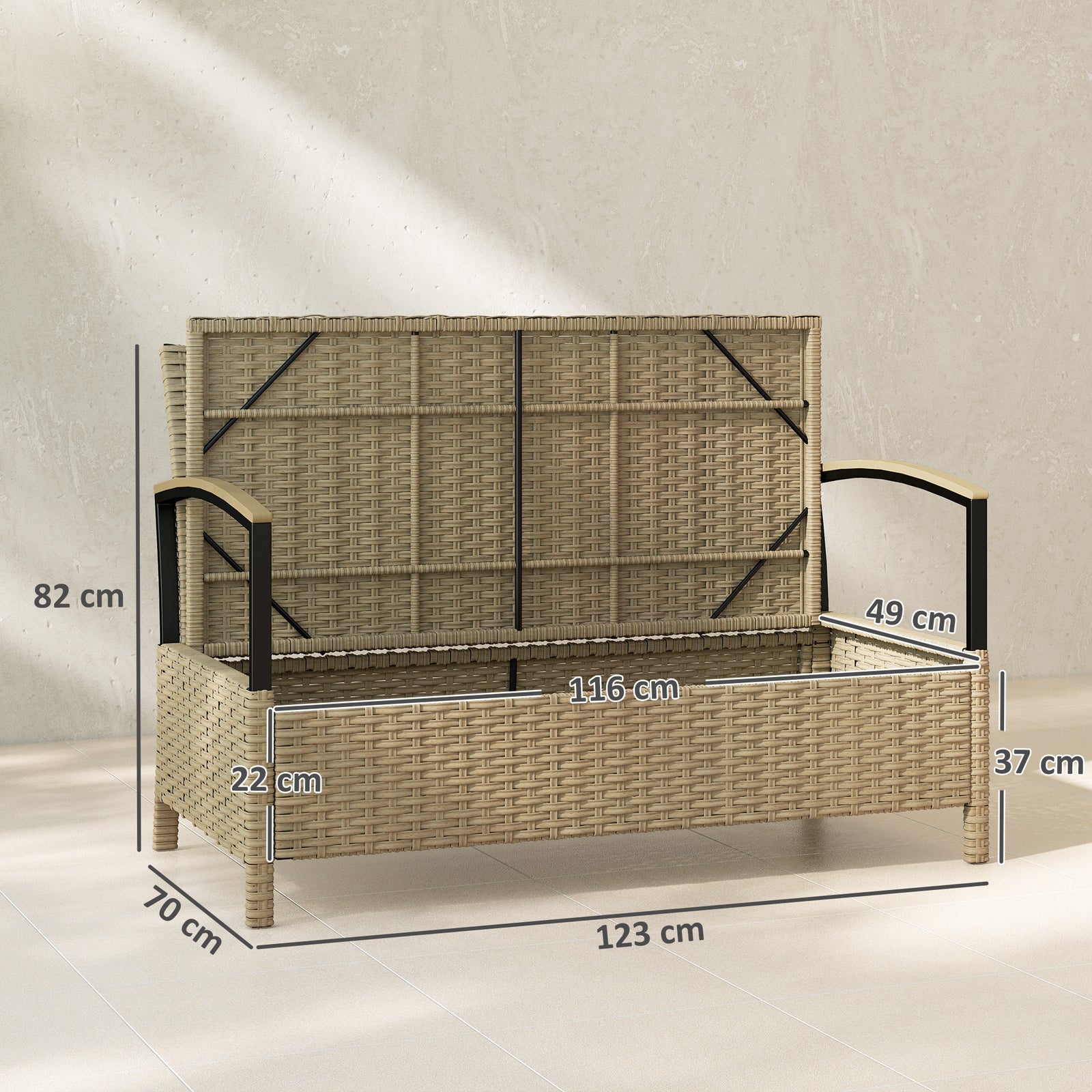 125l Garden Storage Bench, 2 Seater Pe Rattan Outdoor Bench | Khaki