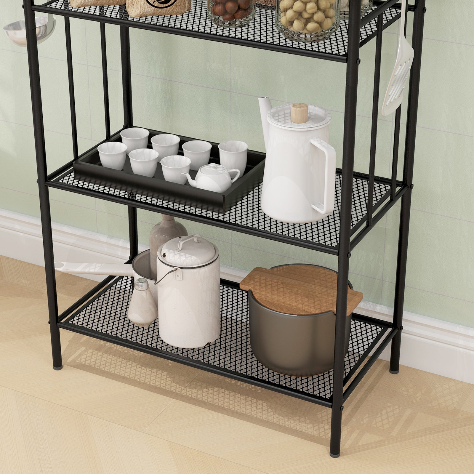 5 Tier Microwave Stand, Coffee Station, Shelves, 4 Hooks