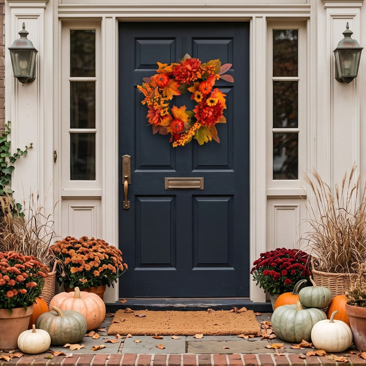 Artificial Chrysanthemum & Pumpkin Wreath, Autumnal