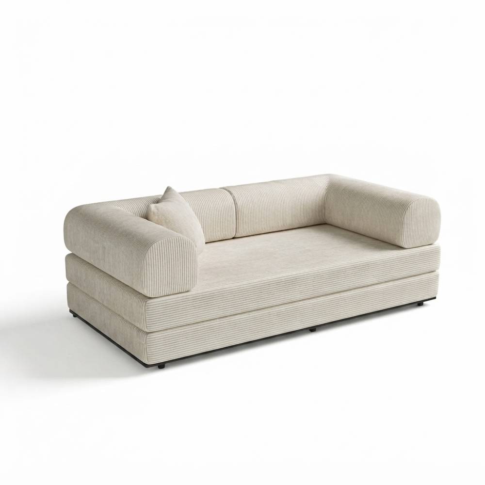 Corduroy Sofa Bed With Sliding Frame | High-resilience Foam Convertible Sleeper Sofa | Small | Beige