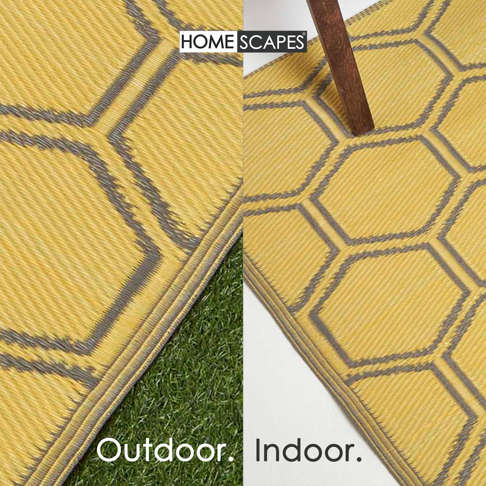 Luxury Outdoor Rug Waterproof Reversible For Garden Patio, Yellow Honeycomb