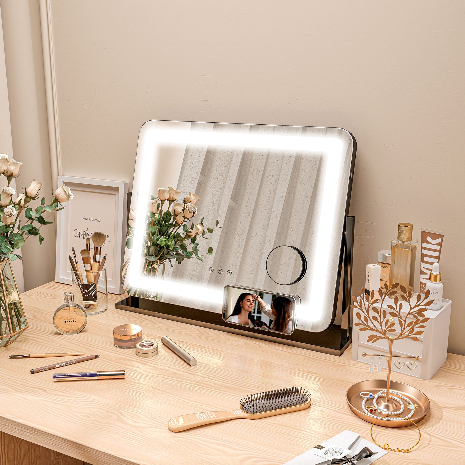 Dimmable Lighted Makeup Mirror With Magnifier, Usb Port
