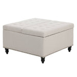 Square Linen Upholstered Storage Ottoman With Lift-top & Flip Design | Beige