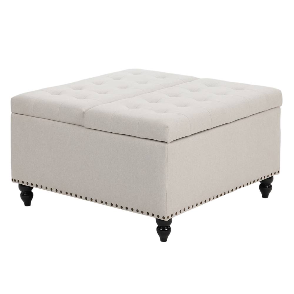 Square Linen Upholstered Storage Ottoman With Lift-top & Flip Design | Beige