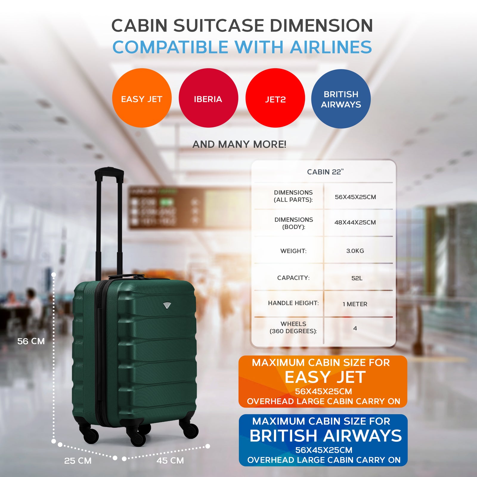 56x45x25cm Large Cabin Carry On Case - Overhead Luggage Suitcase - 4 Spinner Wheels - Abs Shell | 56 x 45 x 25cm | Forest Green