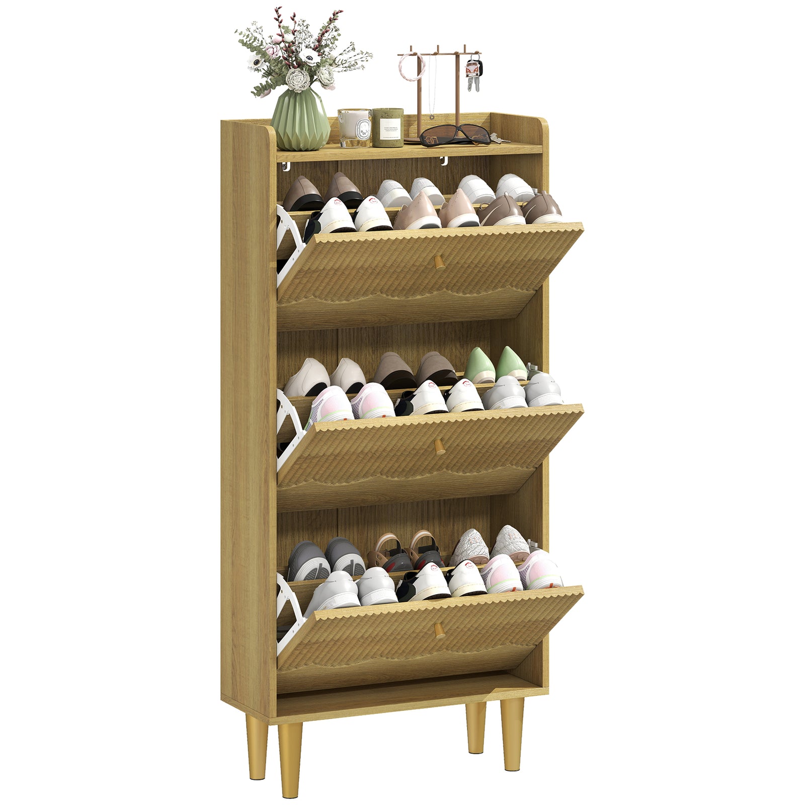 Narrow Shoe Cabinet, Shoe Storage Cabinet With Flip Drawers, Oak | L | Oak