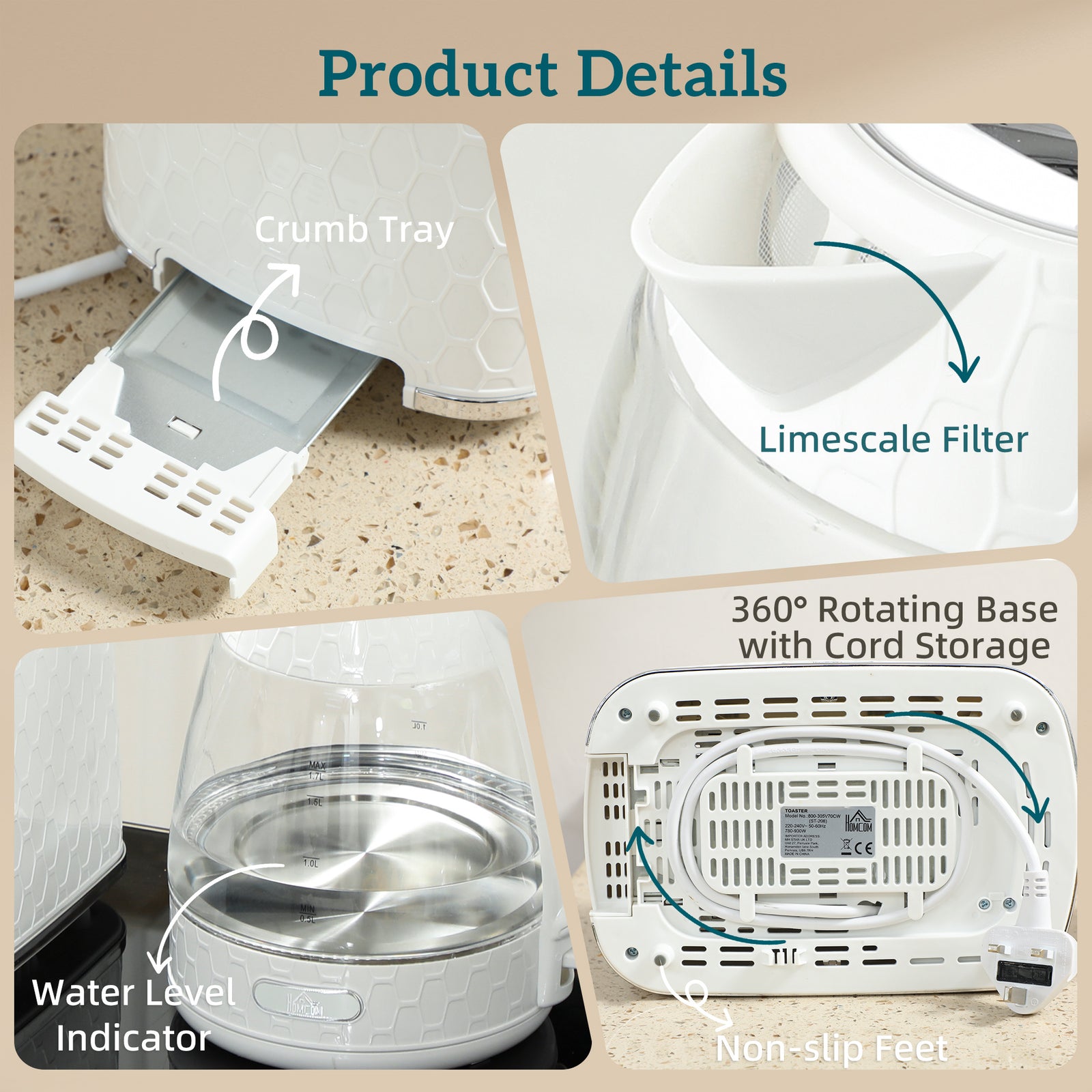 Kettle And Toaster Set With Limescale Filter, Crumb Tray | Cream