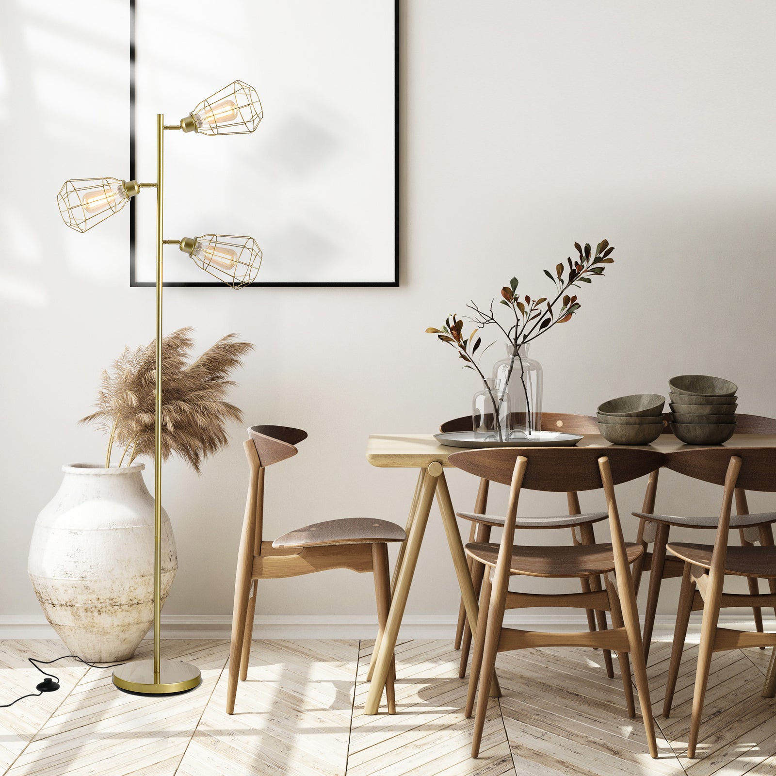 Industrial Steel Birdcage Floor Lamp 3 Lights Round Base