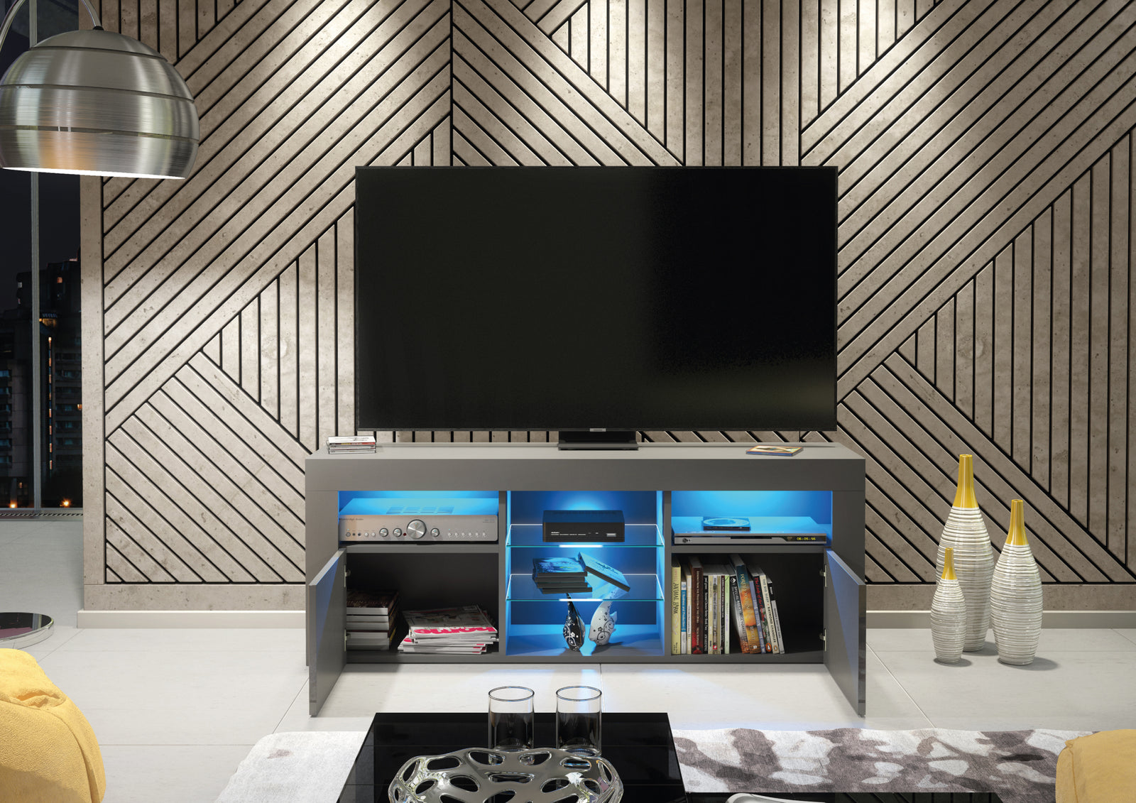 Pulse Tv Unit 145cm With Led Lights | Dark Grey