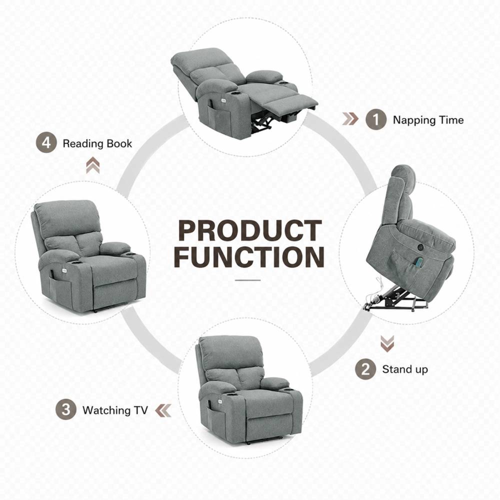 Linen Upholstery Electric Massage Recliner Armchair With Heat, 8-point Vibrating System, Adjustable Backrest, Cup Holders & Storage Pocket
