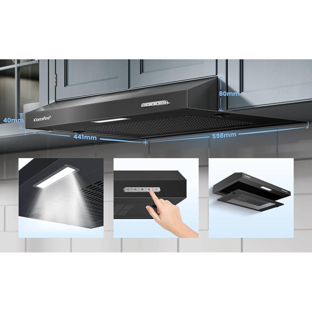 Black 60cm Under Cabinet Wall-mount Cooker Range Hood With 3-speed Modes