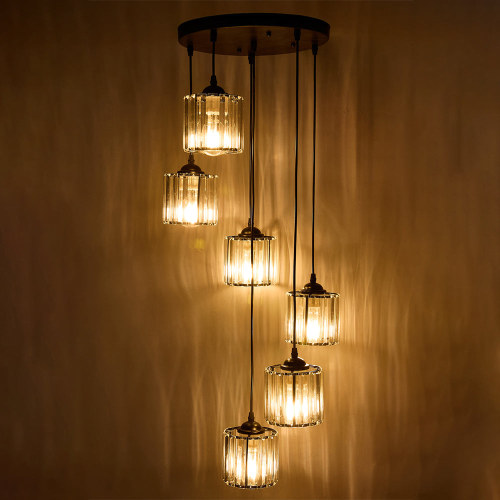 Modern 6-light Crystal Pendant Light Adjustable Linear Ceiling Fixture With Round Glass Shades
